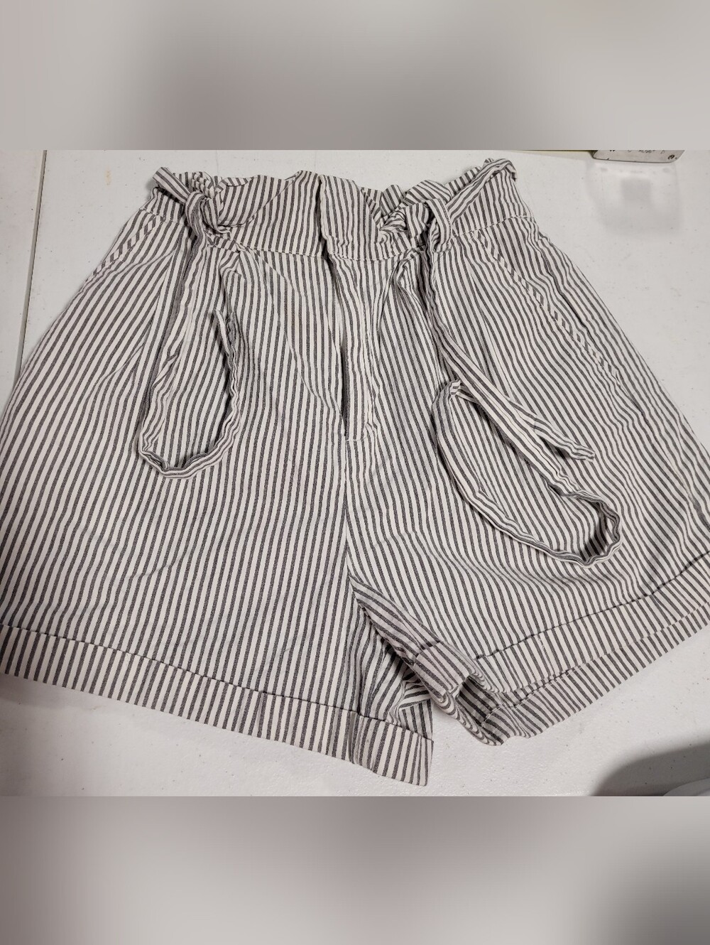 Forever 21 Vertical Stripe Paperbag Waist Shorts - Gray & White - Picture 1 of 3
